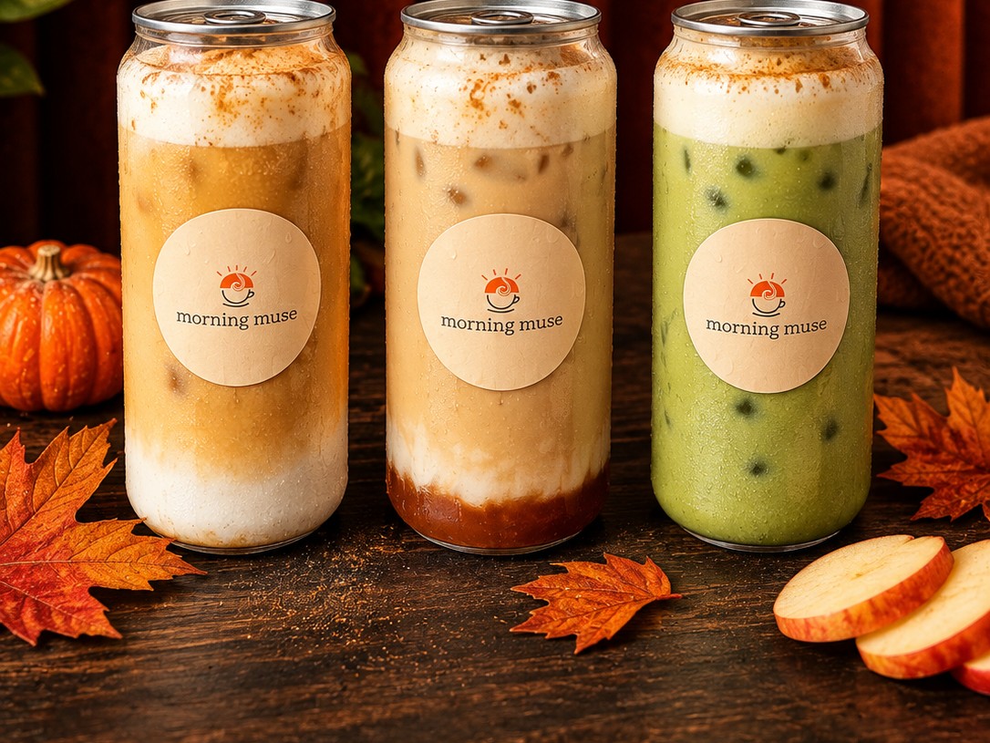Morning Muse seasonal fall lattes — Pumpkin Spice, Apple Pie and Matcha Pumpkin Spice cans with pumpkin, autumn leaves and apple