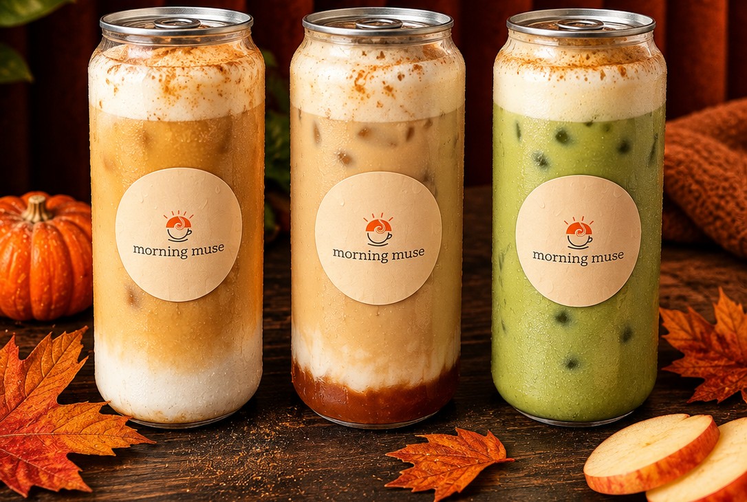 Morning Muse seasonal fall latte cans with pumpkin, autumn leaves and apple slices
