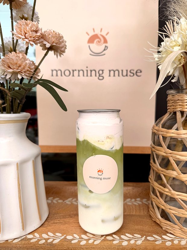 Matcha latte in a Morning Muse can