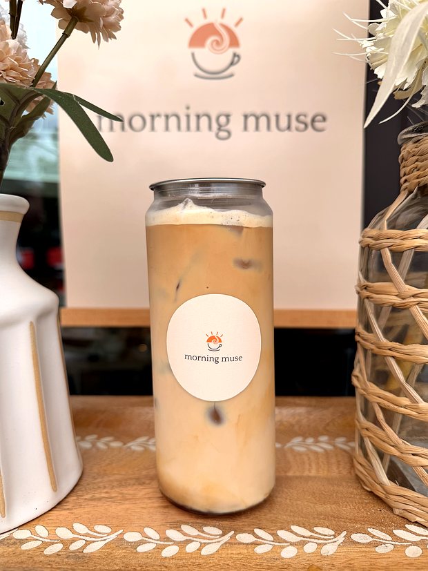 Iced latte in a Morning Muse can