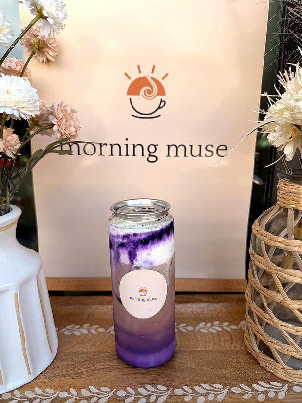 Ube latte in a Morning Muse can