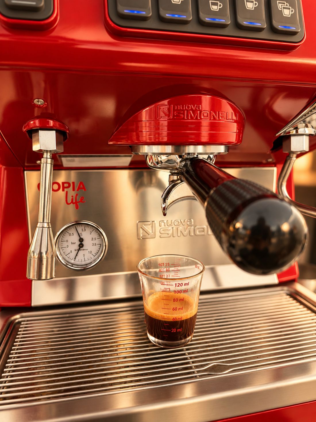 Pulling a fresh espresso shot at the Morning Muse cart
