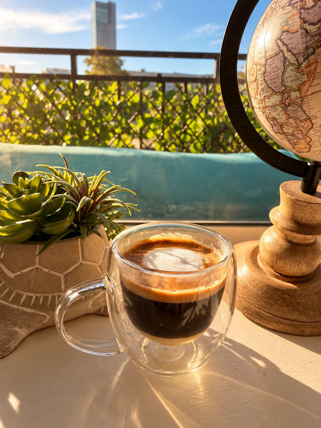 An espresso by a sunny window