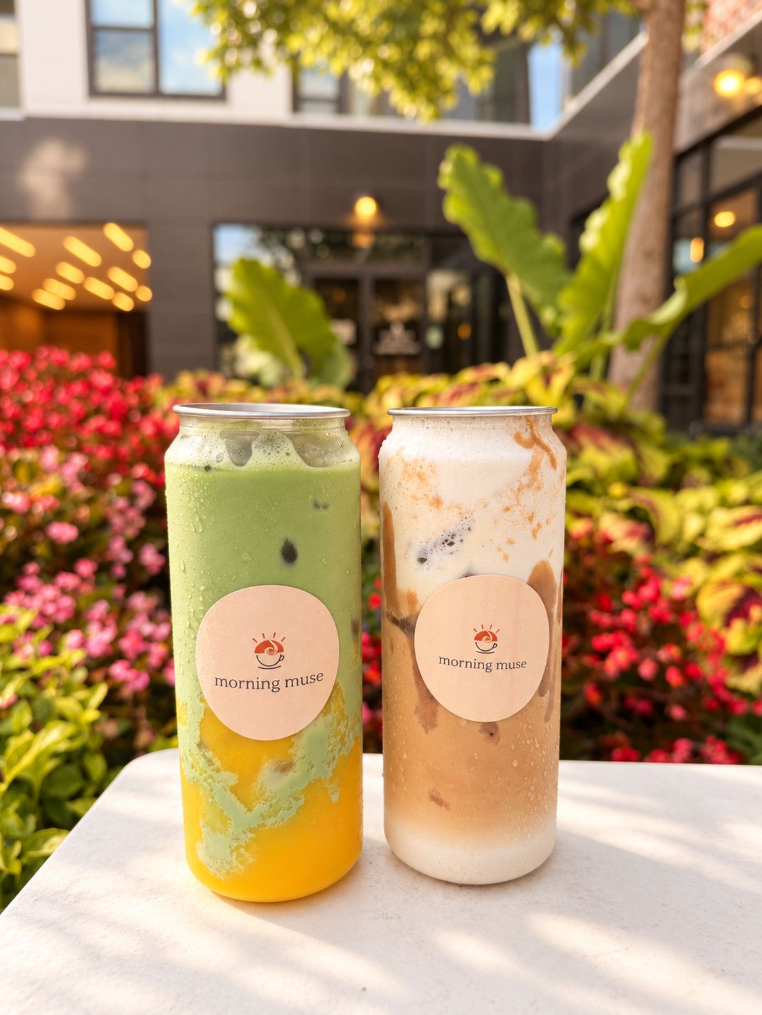 Two Morning Muse iced drinks among fresh flowers