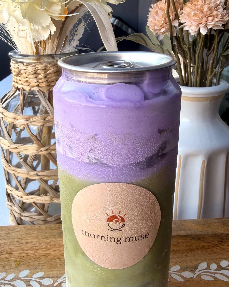 The sealed Ube Matcha can, purple over green, ready to go
